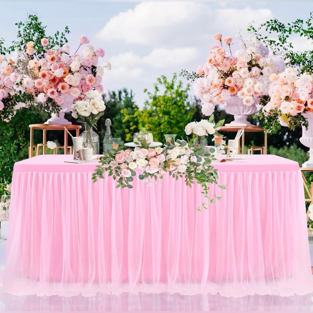 6ft Pink Tablecloth with Tulle Table Skirt for Rectangle Tables